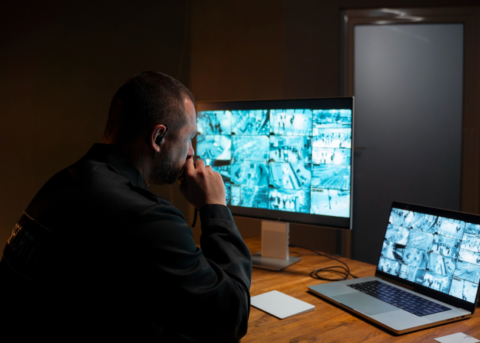 Télésurveillance et contrôle vidéo Télésurveillance avec écrans de contrôle installée par Marchand Père et Fils pour surveiller et sécuriser les bâtiments